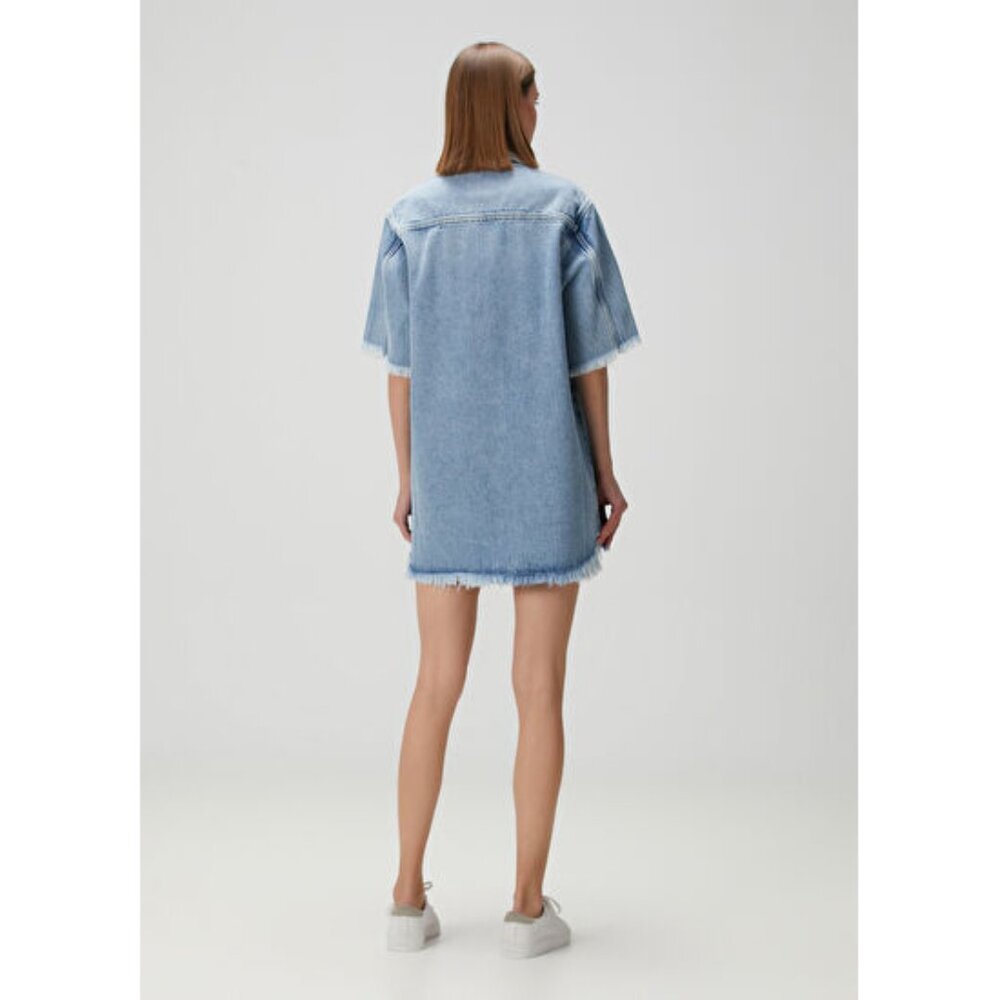 AllSaints Faye Frayed Short Sleeve Mini Denim Dress Jean Raw Edge Button Up - Picture 11 of 14